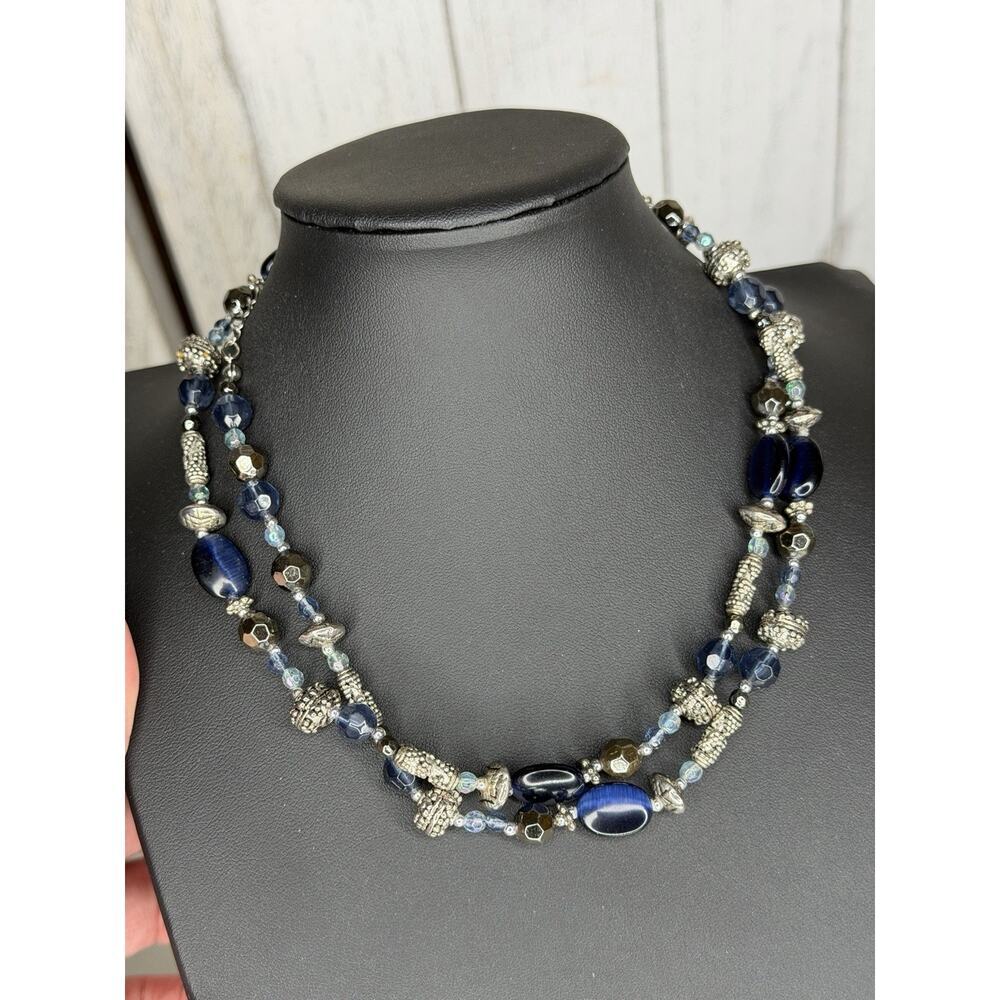 Cookie Lee Silver Tone Necklace Blue Beaded Long Or Layered